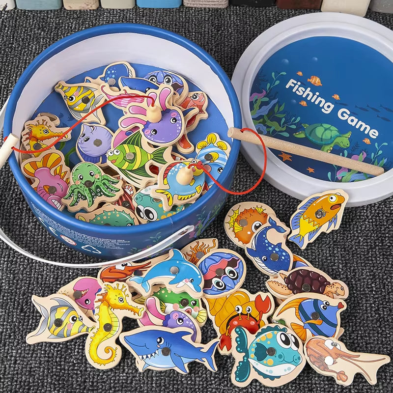 Montessori Wooden Fishing Toys for Children Magnetic Marine Life Cognition Fish Games Parent-Child Interactive Educational Toy