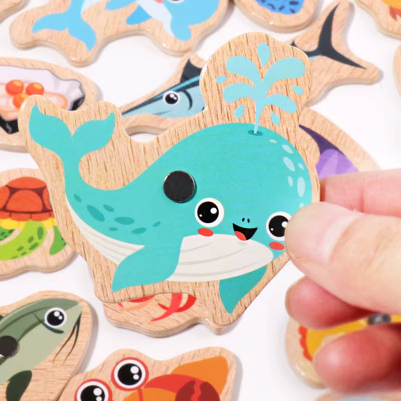 Montessori Wooden Fishing Toys for Children Magnetic Marine Life Cognition Fish Games Parent-Child Interactive Educational Toy