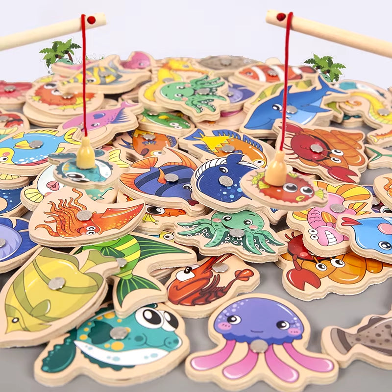 Montessori Wooden Fishing Toys for Children Magnetic Marine Life Cognition Fish Games Parent-Child Interactive Educational Toy