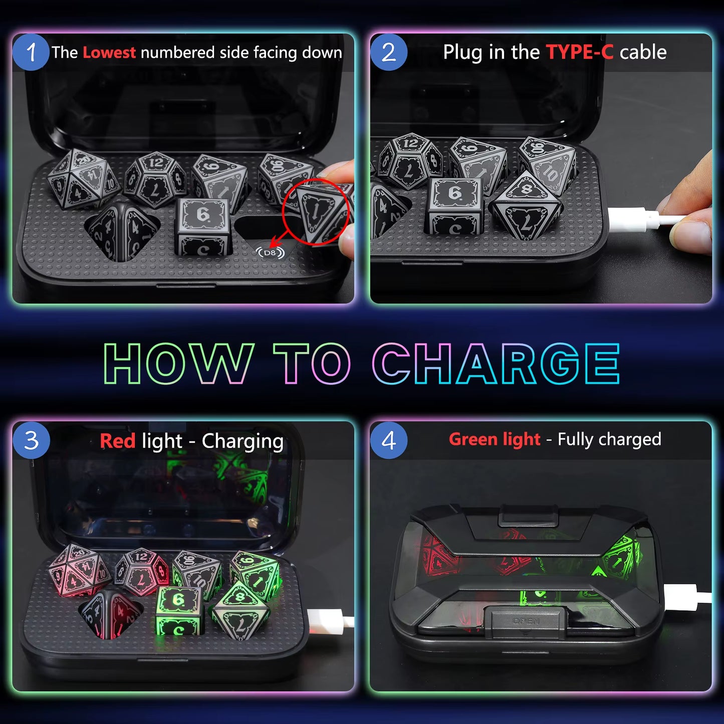 DND Dice Wireless Charging LED Dice Rechargeable Light up Dice Set with Charging Box for Dungeons and Dragons Role Playing Game